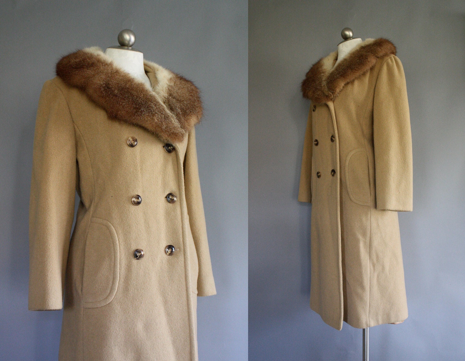 70s - 80s caramel wool coat with possum fur collar /