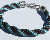Ridged spiral kumihimo bracelet in light teal and brown