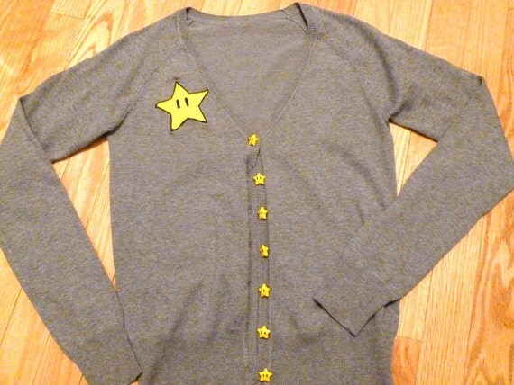 MARIO Inspired Cute Cardigan with Hand-made Applique and Hand-Made Invincibility Star Buttons