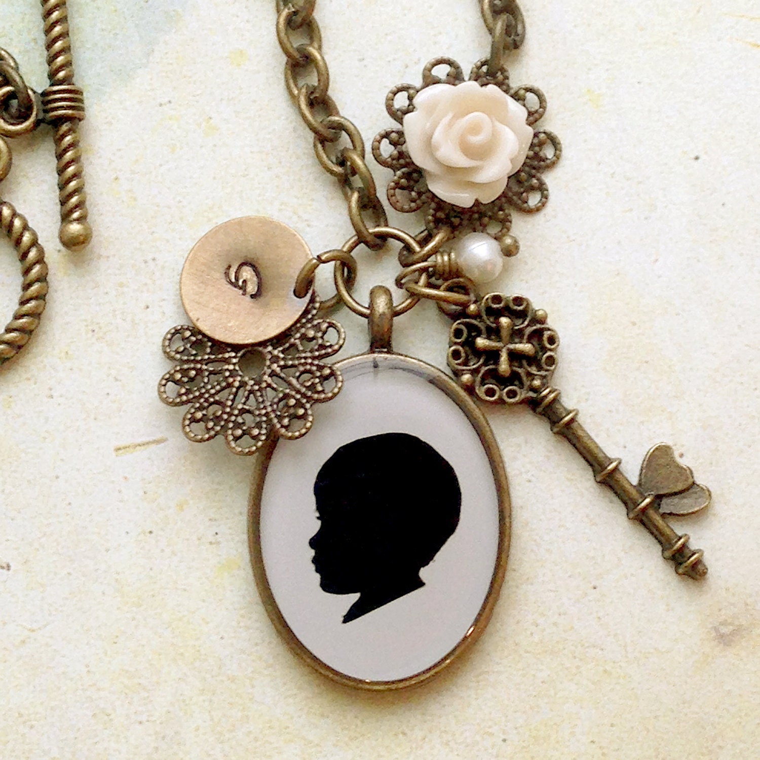Mother's Day Necklace with Custom Silhouette Pendant, Rose Cabochon, Brass Skeleton Key and Stamped Brass Charm