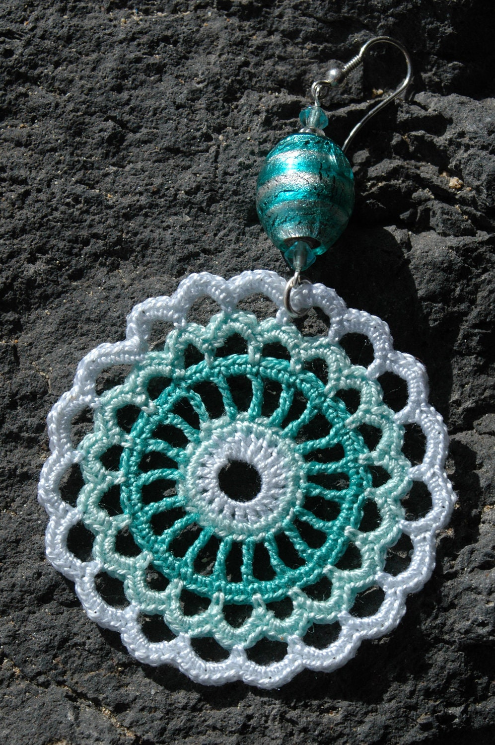 Crocheted Earrings in Mint and White color.