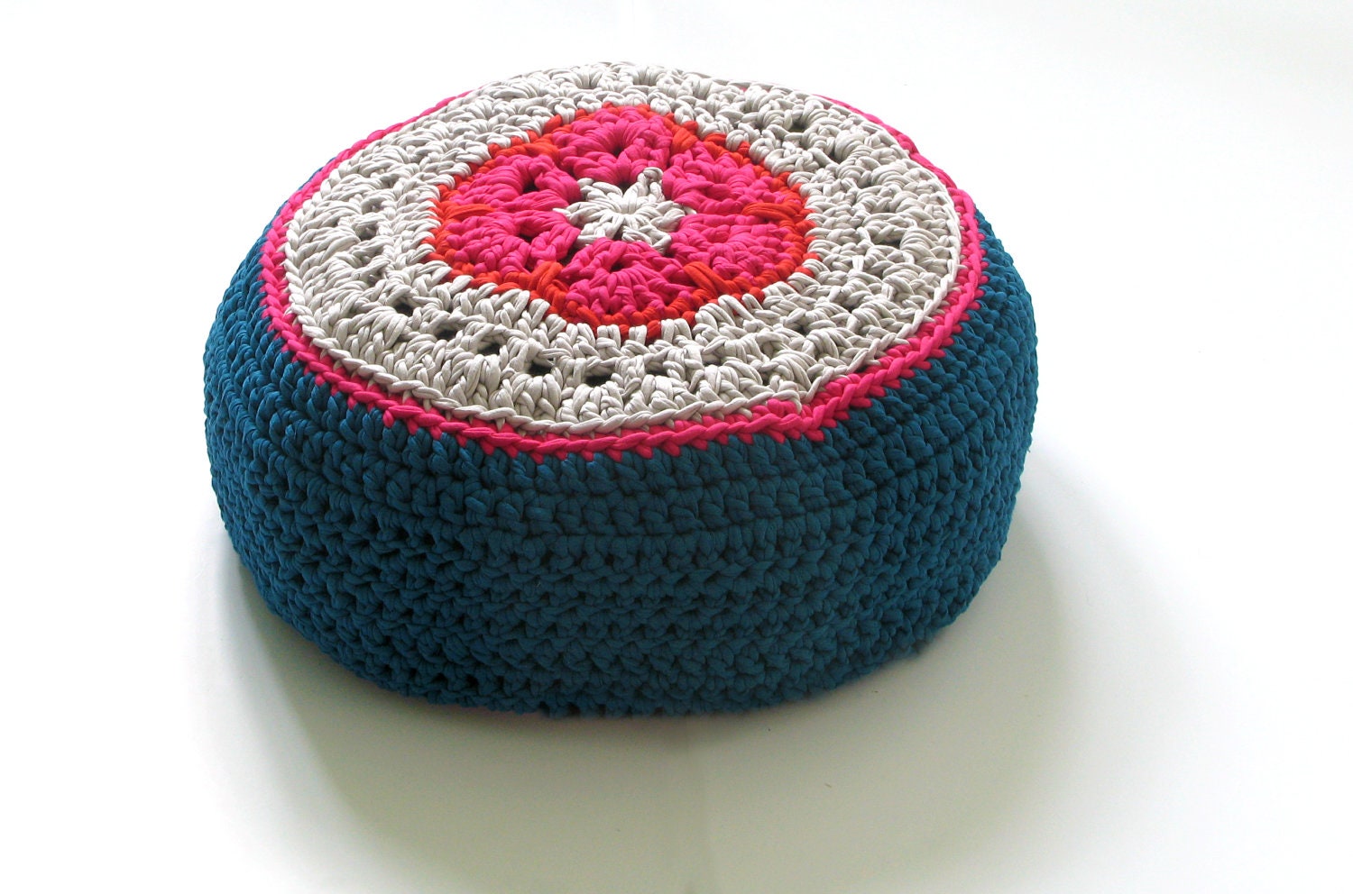 Crocheted, flat, round pouf - meditation floor pillow