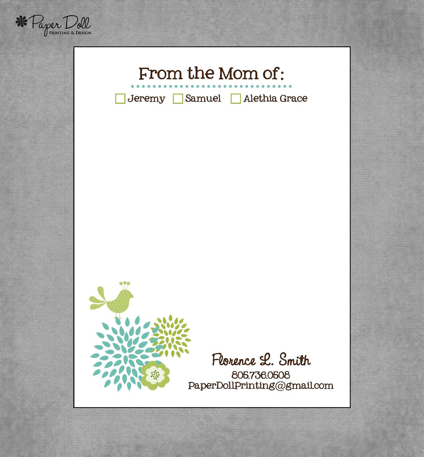 Personalized Mom Notepads - Teal and Green Flowers with Bird