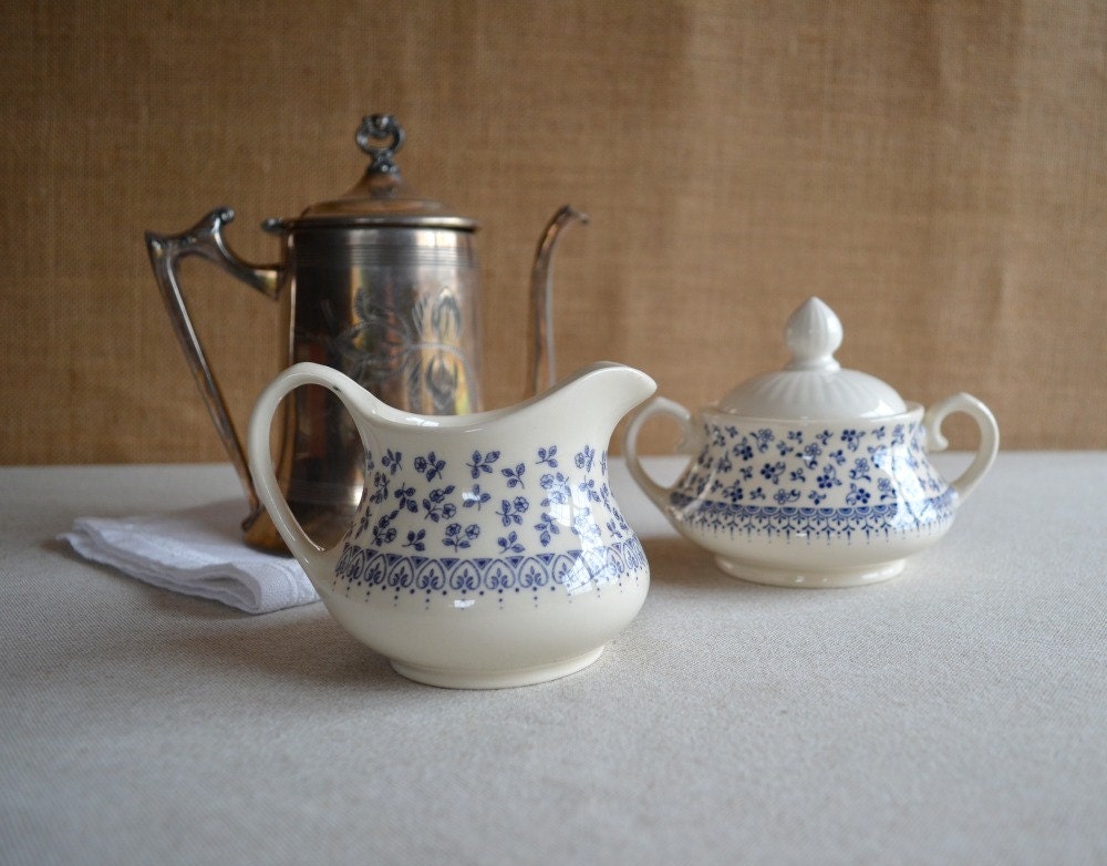 vintage English Ironstone Tableware cream and sugar Provence Blue pattern - MuracaDesignShop