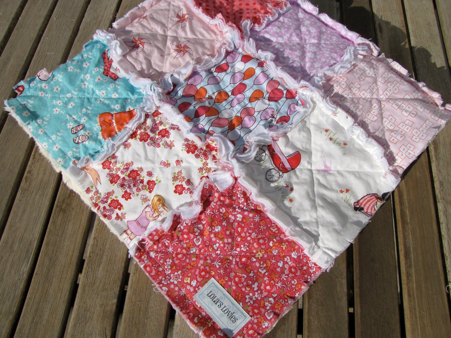 Children At Play Crib Size Rag Quilt made with Michael Miller Fabrics and Minky Backing 35" X 45"
