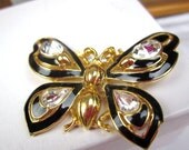 Trifari Black Enamel Rhinestone Butterfly Brooch 1960s Vintage Jewelry