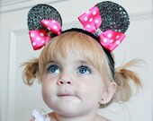 Epcot Inspired Minnie Mouse Ear Hair Clips - Sliver Sequin Fabric Embellished with Pink and White Polka Dotted Bows - Headband also included