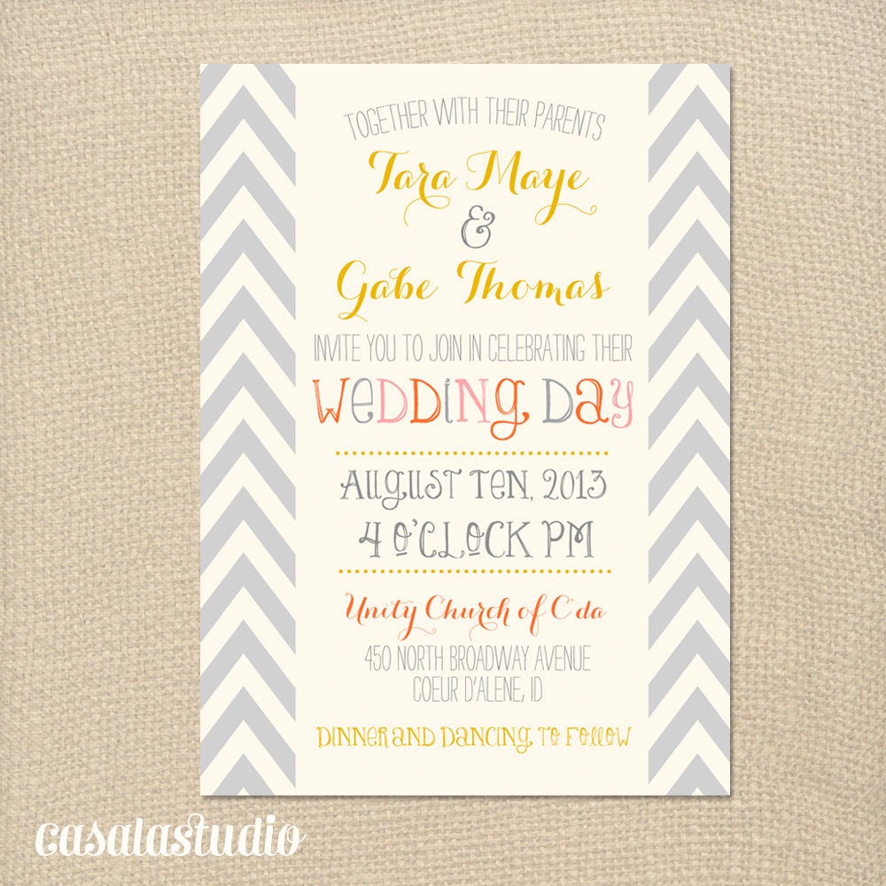 Whimsical Mustard Grey Chevron Wedding Invitation Printable 5x7 OR Printed Card