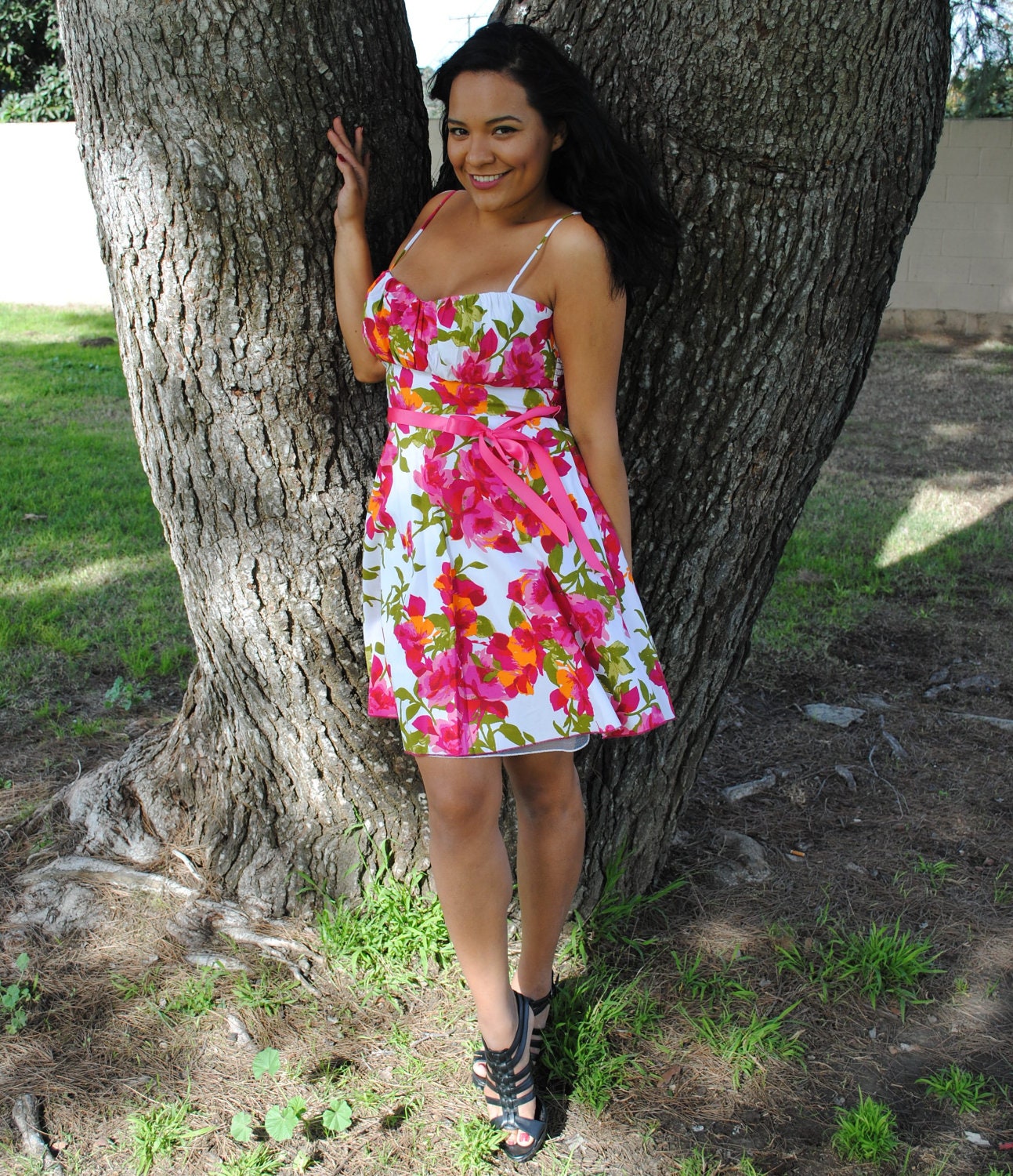 Womens Dress,Spaghetti Straps, Orange and Pinks Floral Design, Rockabilly, Pin Up  & Retro style