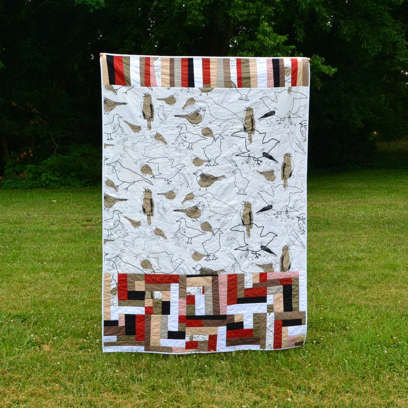 Modern Quilt, Log Cabin Lap Quilt, Bird Quilt, Neutral Bedding