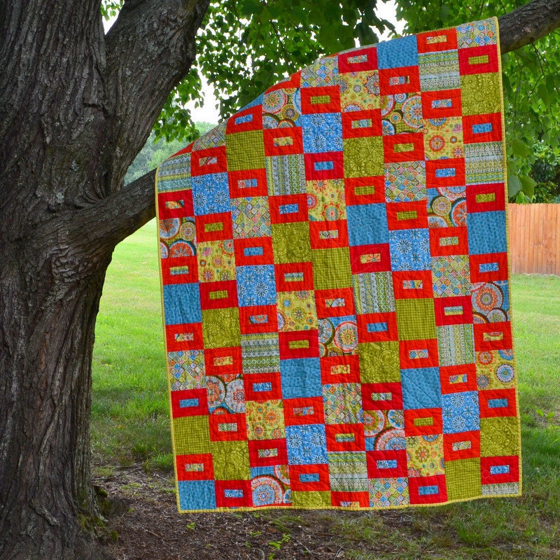 Bohemian Floral Quilt, Modern Patchwork Quilt, Orange & Yellow Lap Quilt
