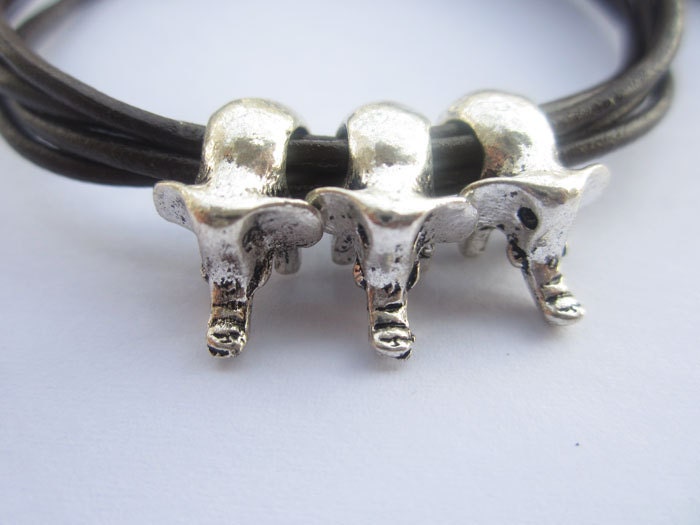 Multilayer leather bracelet---antique silver personality three 3D little cute elephants bracelet & brown leather chain