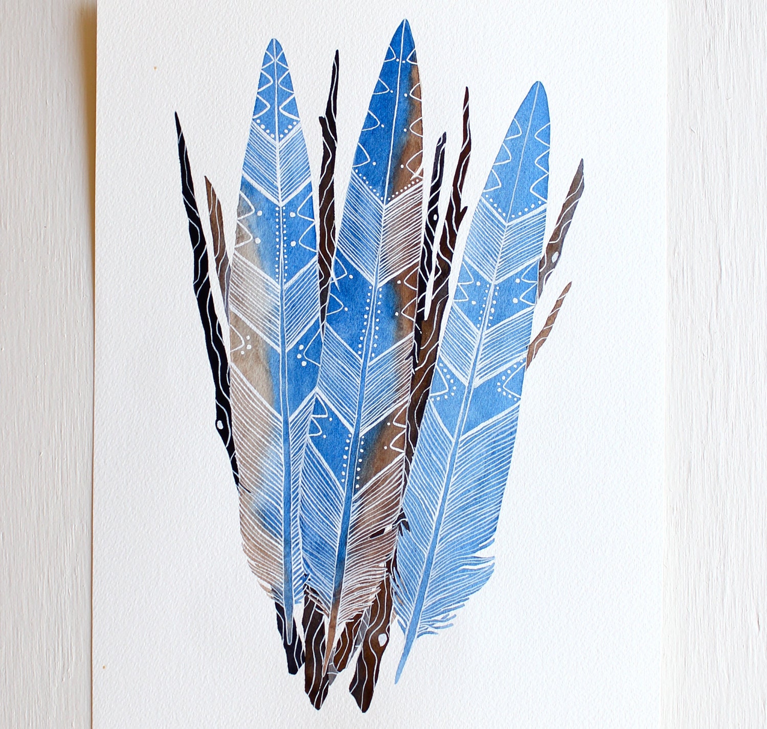 Blue Jay Feather Bundle - Watercolor Art Painting - Archival Print 8x10
