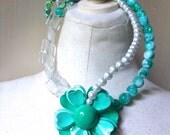 Wedding Flower Brooch Statement Necklace in Turquoise, Crystal & White ICE Jewelry by ZILLAS QUEEN