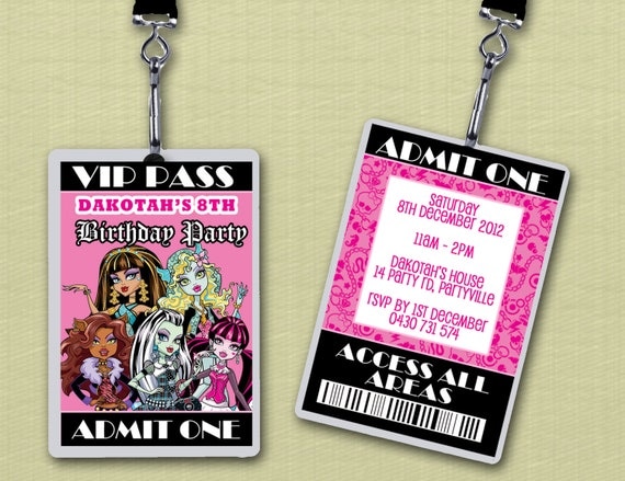 Personalised Monster High VIP Lanyard Invitations x 10 Il_570xn