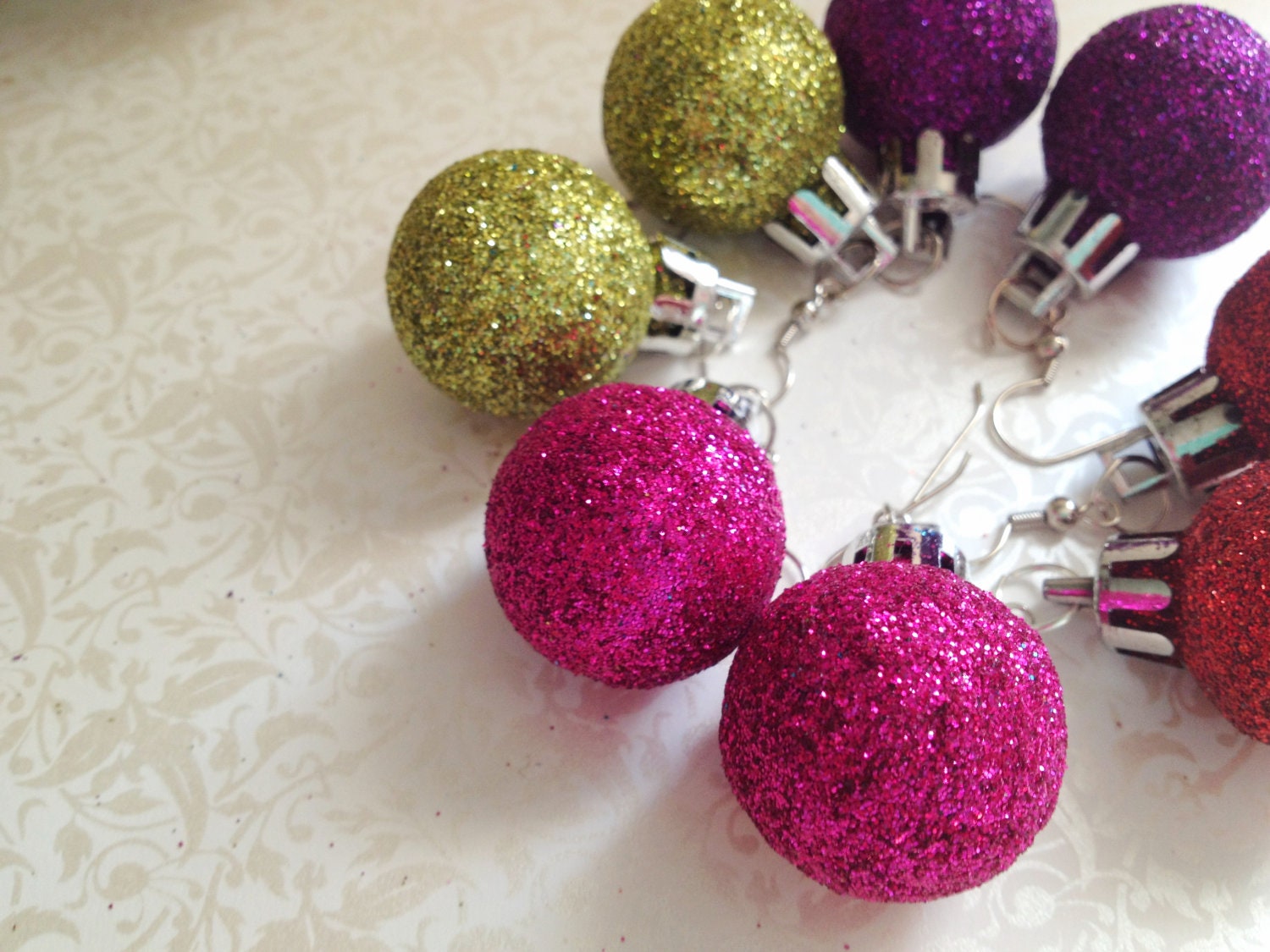 Glitter Christmas Ball Dangle Earrings. You Choose. Red. Green. Pink. Purple. Round. Christmas. Gift. Holiday. Festive. Ten Dollar Jewelry.
