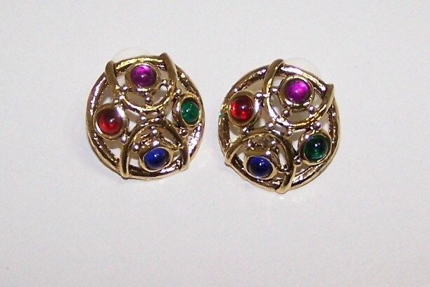 Vintage, Rhinestone, Earrings, Pink, Green, Blue, Red, Cabochon, Stones, Gold, Brass