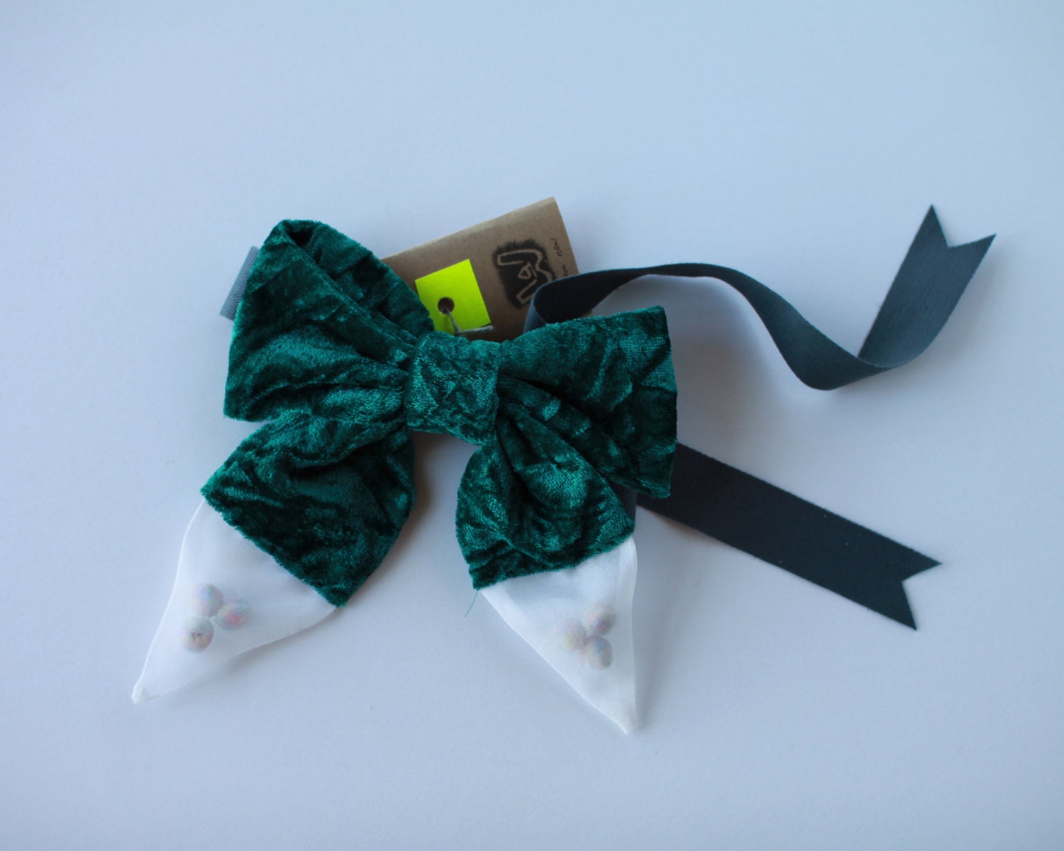 Bow Tie Or Pin Accessory Green Crushed Velvet With White Silk Organza And Pastel Pom Pom Bubbles