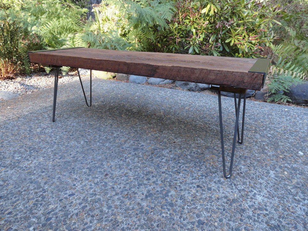 7 ft Industrial Bench from salvaged barnwood with hairpin legs