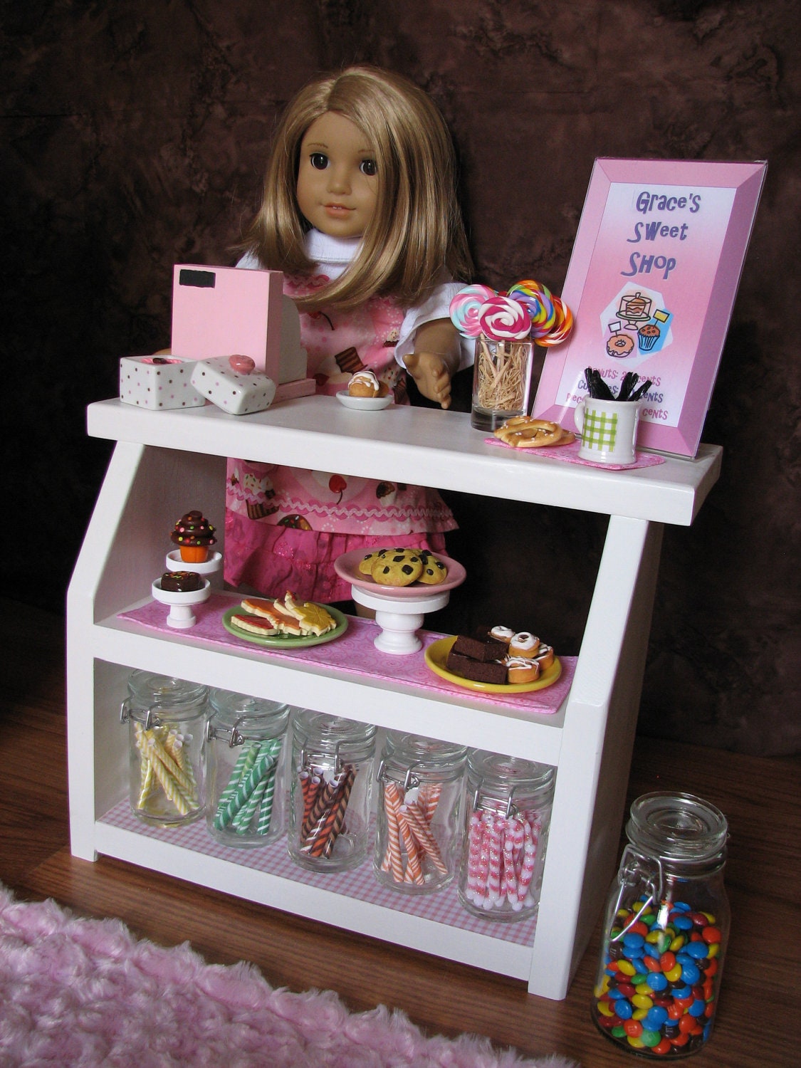 Bakery Case with Cash Register - Sweet Shop Cafe / Bakery Set for American Girl / 18" dolls - JUNE SHIPPING