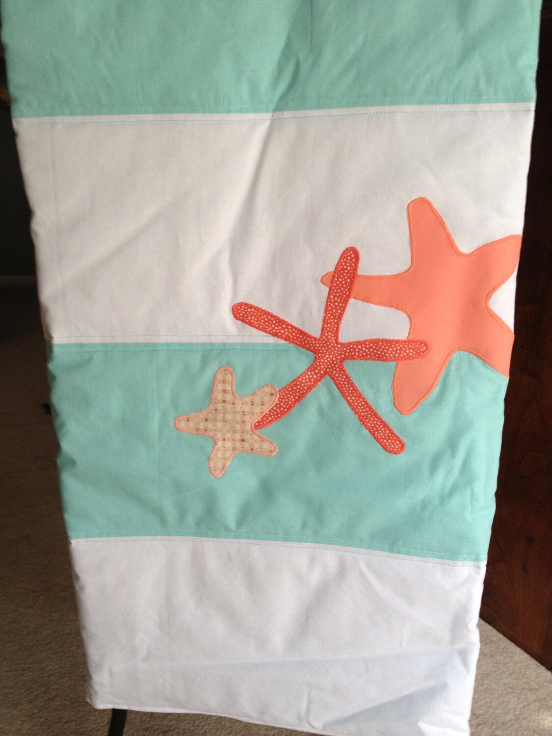 Striped Nursery Quilt in Aqua/White with Coral Starfish