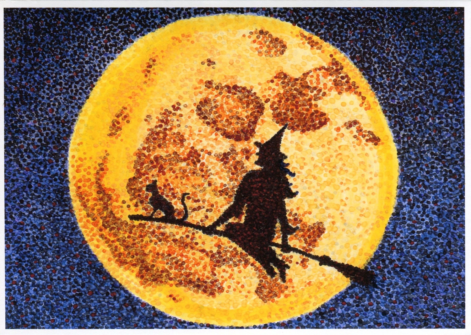 Witch on Broomstick Halloween Card, Halloween Greeting Card, 5x7 Pointillism Print