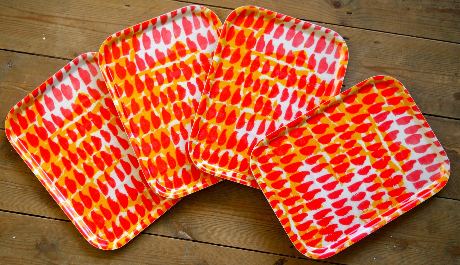 Pink & Yellow Wooden Breakfast Tray - Family Set Of Four
