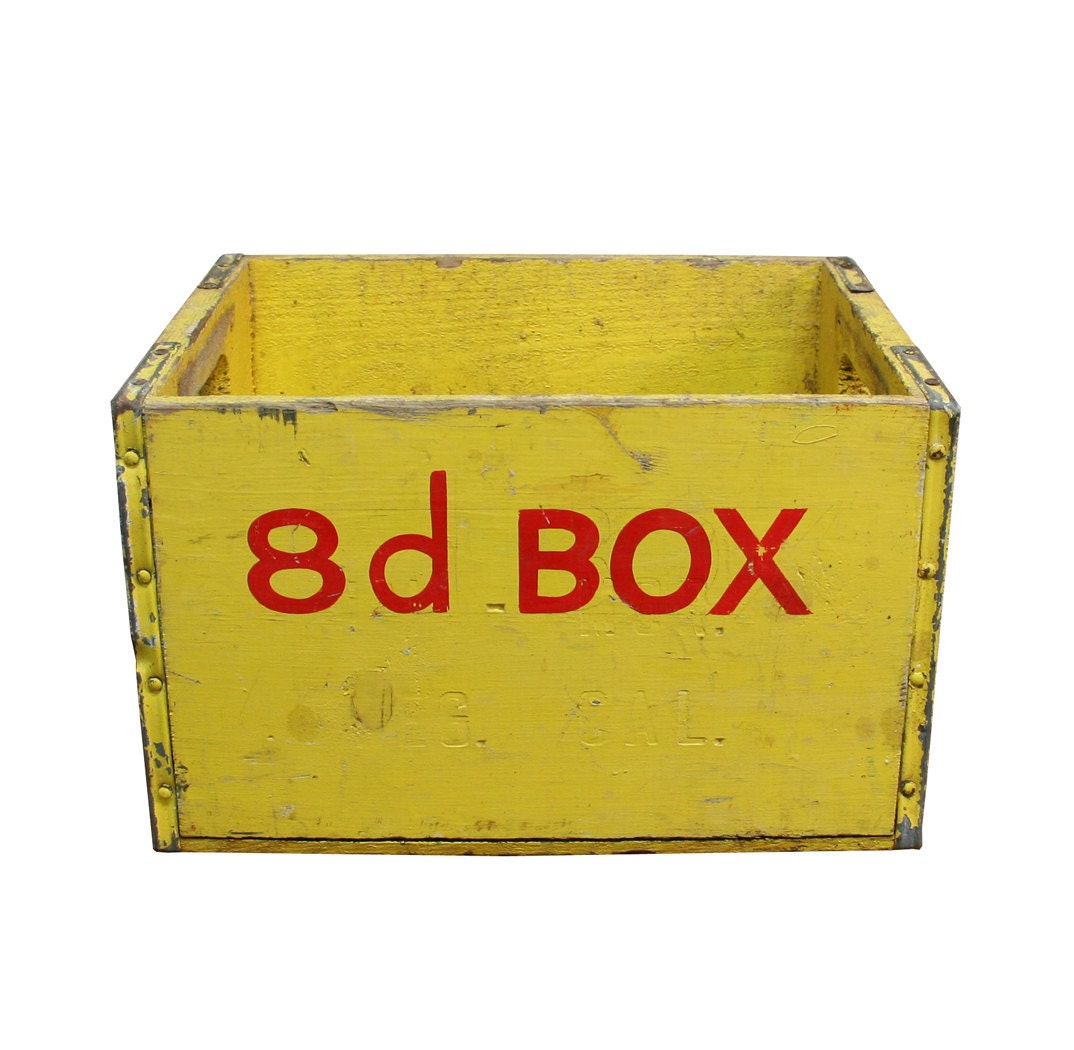 Vintage Industrial Yellow Wooden Crate -- 8d Hardware Box