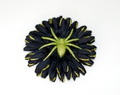 Black Daisy Flower with Glittery Lime Green Spider & Glitter Accents Pinup Halloween Burlesque Hair Clip