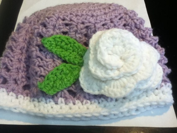 Toddler/Child Hat Purple with White Rose, and green leaves. Very pretty.