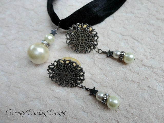 3/4" Organic Luxe Starry-Eyed Pearls Dangle Plugs and Necklace Set