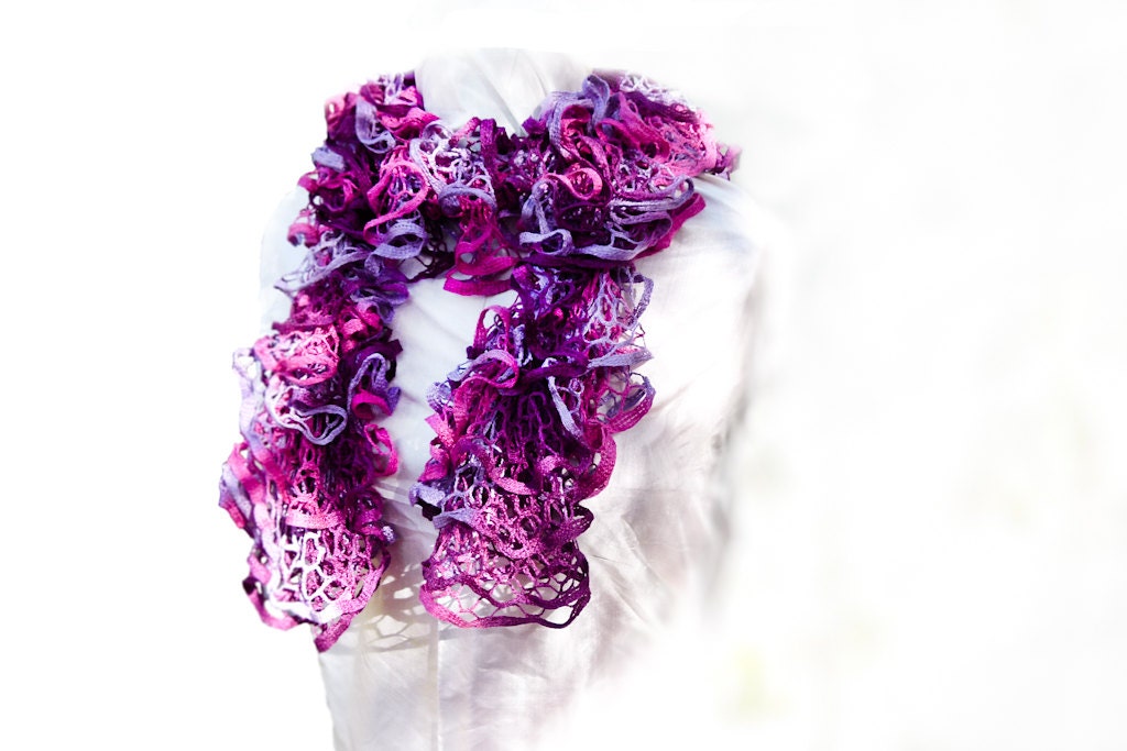 Chic pink purple ruffle scarve scarf. romantic accessories wrap, cowl, mothers day gift idea