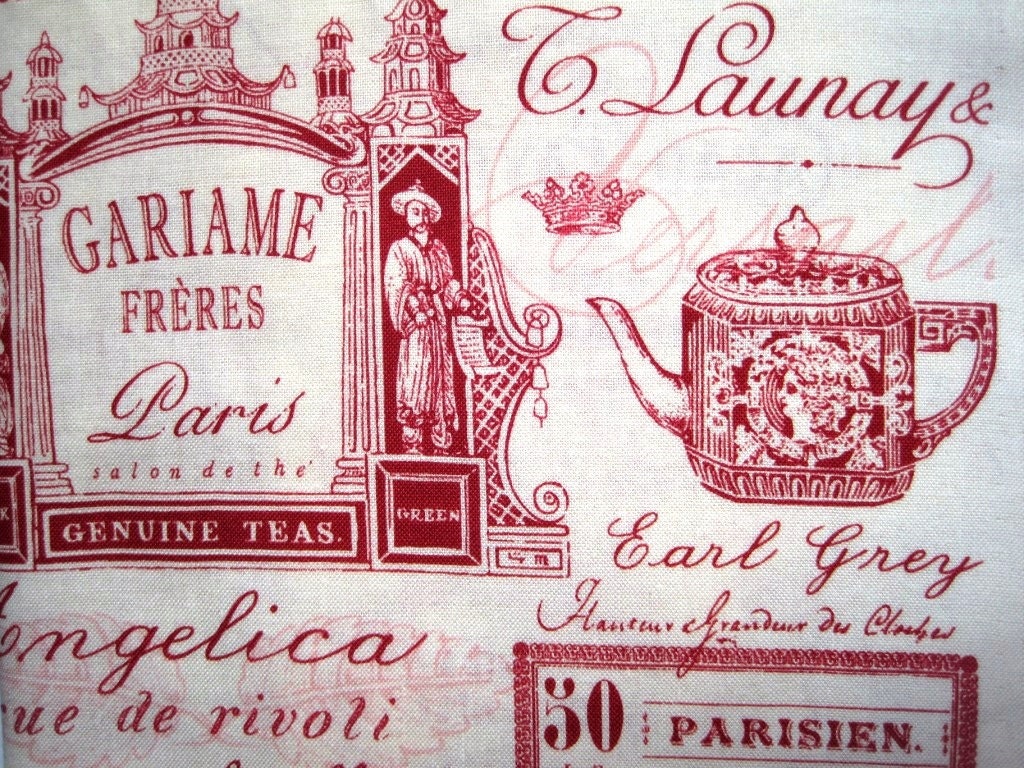 Vintage - Inspired French Ads Fabric, Fat Quarter, Red / Cream, 18" X 22" inches, 100% Cotton, For Victorian & Romantic Projects