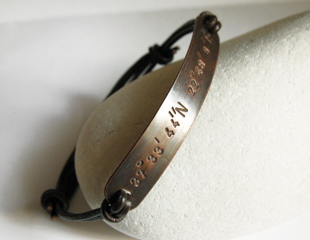 Copper Mens Bracelet Leather Bangle - Personalized Latitude Longitude Coordinates, Custom Handstamped Message - Men, Anniversary Gift
