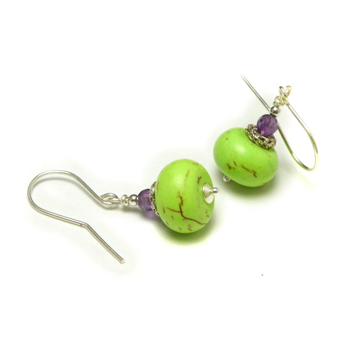 Sterling Silver Earrings  - natural stone, green lime, violet