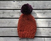 Large Slouchy Oversized Toque/Beanie, Rust with Eggplant pompom