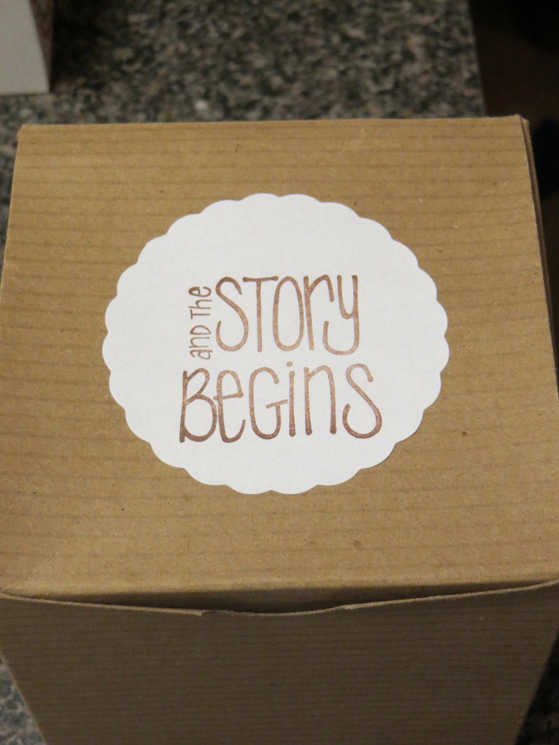 SALE - (12 count) And the Story Begins Favor Box Stickers, Custom Orders & Discounts Available