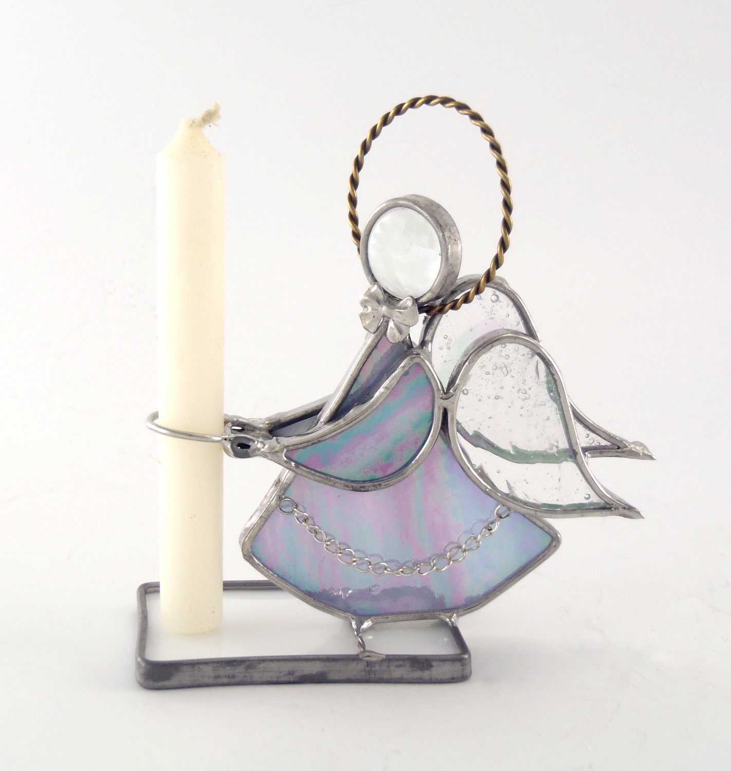 Stained Glass Angel Candle Holder Purple Iridescent OOAK
