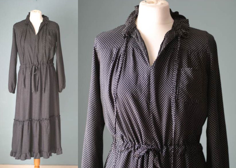 70s London Boutique Peasant Dress in Black Polkadots Small