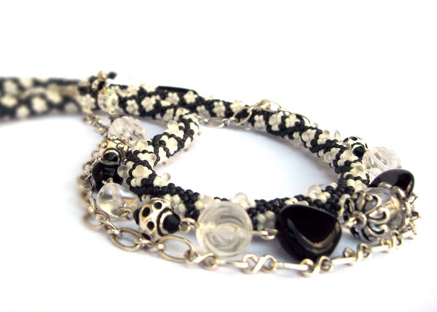 Bead Crochet Necklace  "Black-and-white" Jewelry   Beadwork  Black  White Traditional Modern Natural Carved Quartz