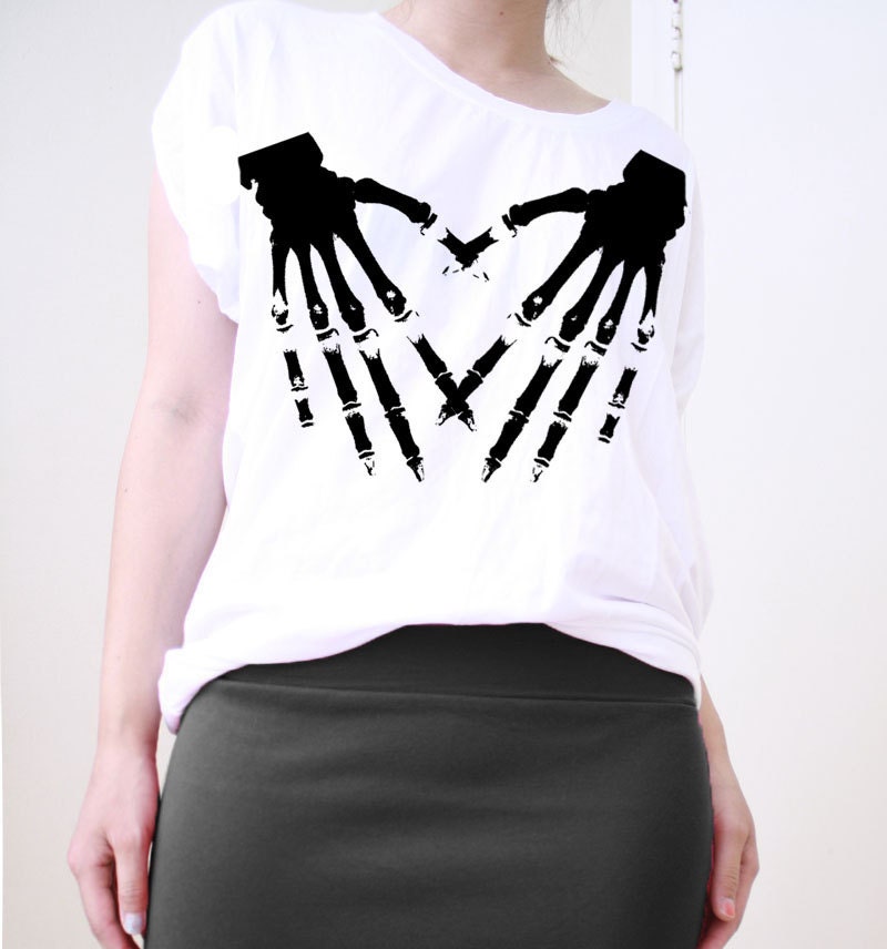 Heart Shape Skeleton Hands American Apparel Unisex Tshirt in White and comes in sizes XS, S, M, L, XL , 2XL