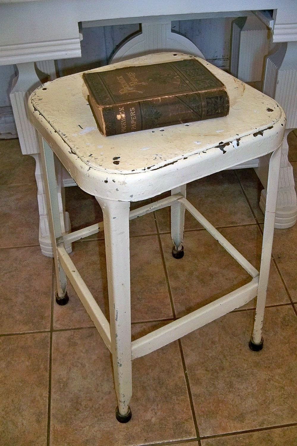 Metal stool  distressed white painted garden element plant stand farmhouse decor anita spero