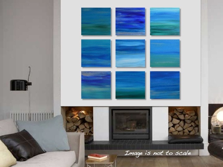Pacific: Original Abstract Painting Modern Contemporary Acrylic Landscape Art - Blue, Green, Turquoise, Silver - Set 9 Canvas of 10 x 10