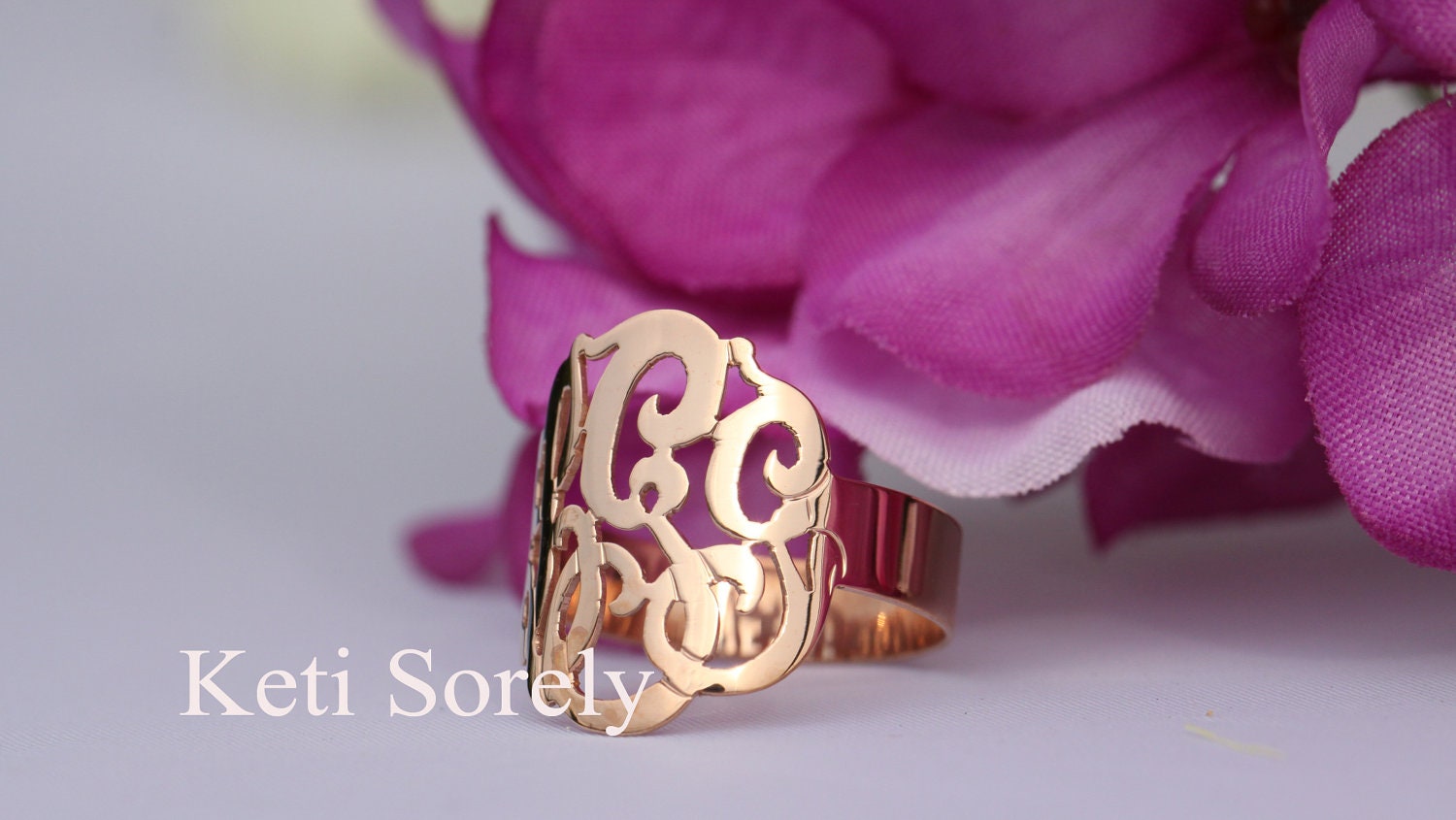 Designer Personalized Initials Ring (Order Any Name) - Sterling Silver and Rose Gold overlay.