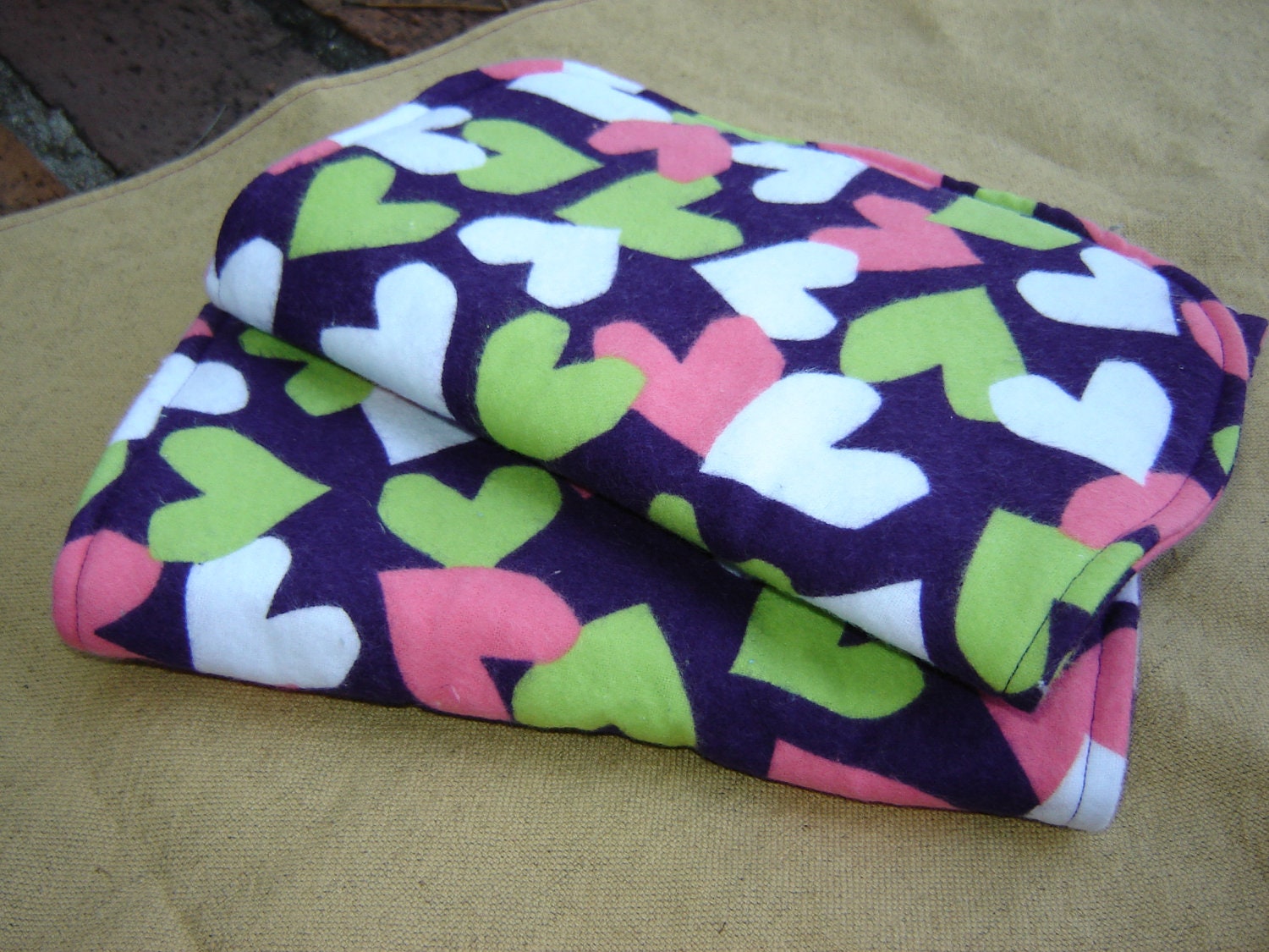 Two (2) Flannel Burp Cloths - Dark Purple with Pink, Green, and White Hearts - Quilted and Contoured - Baby Girl Shower Gift