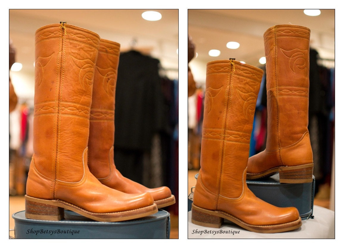 Size 6- 6 1/2 1970s Brown Tooled Leather Tall Boots Western Boots Engineer Boots