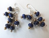 Lapis Lazuli Cluster Earrings Genuine Gemstone with Silver and Gold Pyrite Sterling Handcrafted  Blue
