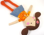 Toy Dress Up Cloth Doll, Fabric Rag Doll, Girl Toy, Brown Hair , Orange and Yellow, Batik Shirt Jeans Skirt, Wool Felt Hair