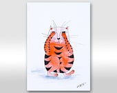 Tiger. Original orange cat painting. Striped black and orange cat A4 size drawing. Original ink and watercolor illustration fat cute kitty - AstaArtwork