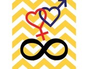 red blue yellow black / art print - TWO HEARTS & Infinity LOVE  /  8X10inches / chevron pattern / original mixed media / wall art